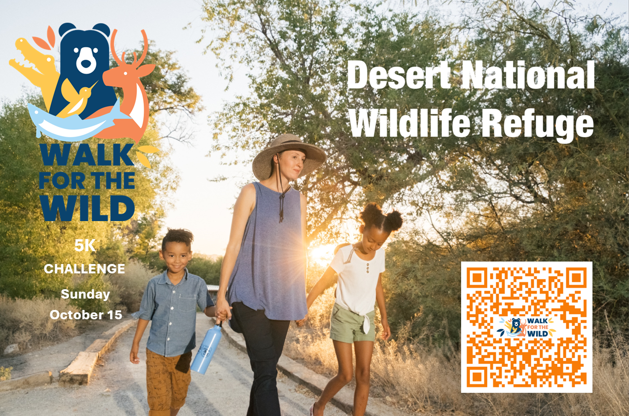A mother walks down a nature path with her two young children as the sun rises, with teh Walk for the Wild 5k challenge logo and the qr code for registration